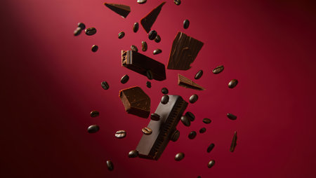 Close up of a delicious milk chocolate bar surrounded by coffee beans on a dark blue background. Perfect for themes related to sweets, desserts. Delicious Milk Chocolate Bar. High quality photoの素材