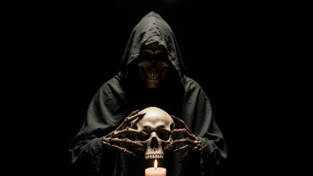 Happy Halloween holiday. Scary skeleton holding a skull and a candle, holiday concept, candle and skull. High qualityの素材