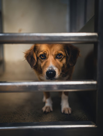 Dog behind bars, arrested dog, Shelter dogs, take a dog home, pets, shelter for dogs and cats, faithful friend for advertising, for banners. High qualityの素材