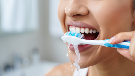 Brushing teeth with a toothbrush and toothpaste, Fresh breath, dental insurance, personal hygiene, brushing teeth in the morning, care from childhood, morning routine. High qualityの素材