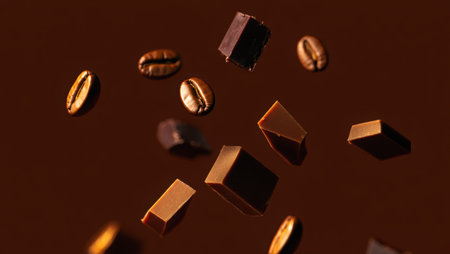 Close up of a delicious milk chocolate bar surrounded by coffee beans on a dark blue background. Perfect for themes related to sweets, desserts. Delicious Milk Chocolate Bar. High quality photoの素材