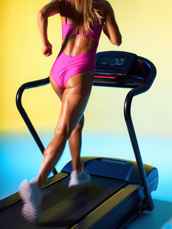 Runner on a treadmill, sport, running, girl on a treadmill, health, training, anaerobic exercise, jogging, new life, physical education, gym. High qualityの素材