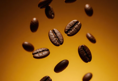 Freshly roasted coffee beans are captured in mid air, rich texture and deep brown color against warm background. This evokes sense of aroma and energy. High quality 4k footageの素材