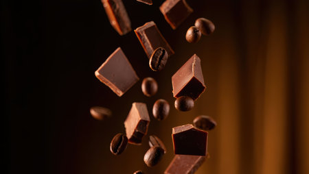 Close up of a delicious milk chocolate bar surrounded by coffee beans on a dark blue background. Perfect for themes related to sweets, desserts. Delicious Milk Chocolate Bar. High quality photoの素材
