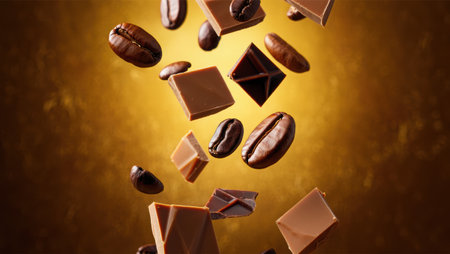 Close up of a delicious milk chocolate bar surrounded by coffee beans on a dark blue background. Perfect for themes related to sweets, desserts. Delicious Milk Chocolate Bar. High quality photoの素材