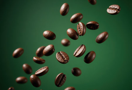 Freshly roasted coffee beans are captured in mid air, rich texture and deep brown color against warm background. This evokes sense of aroma and energy. High quality 4k footageの素材