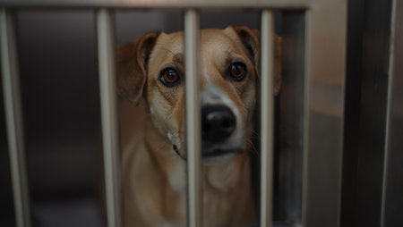 Dog behind bars, arrested dog, Shelter dogs, take a dog home, pets, shelter for dogs and cats, faithful friend for advertising, for banners. High qualityの素材