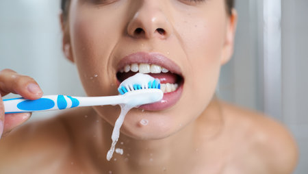 Brushing teeth with a toothbrush and toothpaste, Fresh breath, dental insurance, personal hygiene, brushing teeth in the morning, care from childhood, morning routine. High qualityの素材