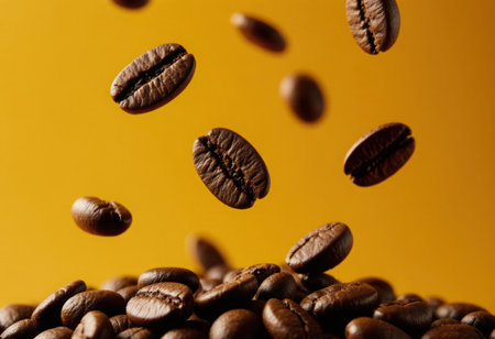 Freshly roasted coffee beans are captured in mid air, rich texture and deep brown color against warm background. This evokes sense of aroma and energy. High quality 4k footageの素材
