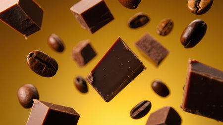 Close up of a delicious milk chocolate bar surrounded by coffee beans on a dark blue background. Perfect for themes related to sweets, desserts. Delicious Milk Chocolate Bar. High quality photoの素材