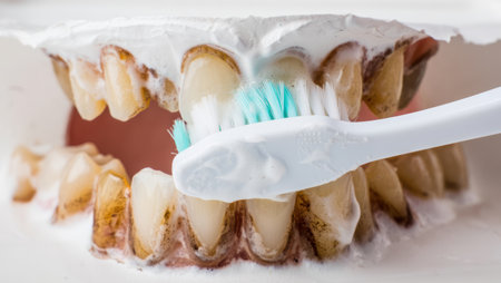 Brushing teeth with a toothbrush and toothpaste, Fresh breath, dental insurance, personal hygiene, brushing teeth in the morning, care from childhood, morning routine. High qualityの素材