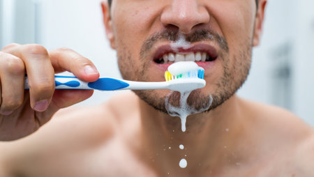 Brushing teeth with a toothbrush and toothpaste, Fresh breath, dental insurance, personal hygiene, brushing teeth in the morning, care from childhood, morning routine. High qualityの素材