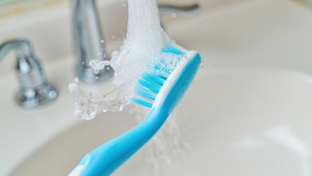 Brushing teeth with a toothbrush and toothpaste, Fresh breath, dental insurance, personal hygiene, brushing teeth in the morning, care from childhood, morning routine. High qualityの素材