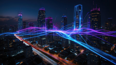 High-speed Internet in the city, Cellular antenna 5G technology, a new generation of cellular networks, AI connection, fiber-optic communication, new-generation antennas, 5G icon. High qualityの素材