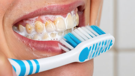 Brushing teeth with a toothbrush and toothpaste, Fresh breath, dental insurance, personal hygiene, brushing teeth in the morning, care from childhood, morning routine. High qualityの素材