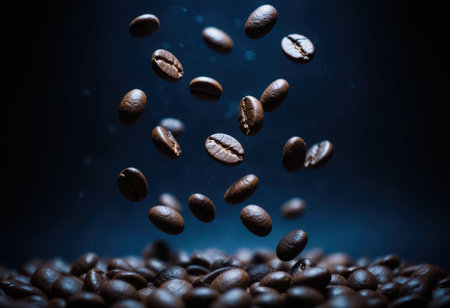 Freshly roasted coffee beans are captured in mid air, rich texture and deep brown color against warm background. This evokes sense of aroma and energy. High quality 4k footageの素材