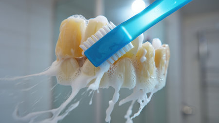 Brushing teeth with a toothbrush and toothpaste, Fresh breath, dental insurance, personal hygiene, brushing teeth in the morning, care from childhood, morning routine. High qualityの素材