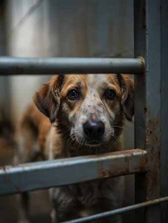 Dog behind bars, arrested dog, Shelter dogs, take a dog home, pets, shelter for dogs and cats, faithful friend for advertising, for banners. High qualityの素材
