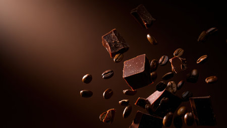 Close up of a delicious milk chocolate bar surrounded by coffee beans on a dark blue background. Perfect for themes related to sweets, desserts. Delicious Milk Chocolate Bar. High quality photoの素材