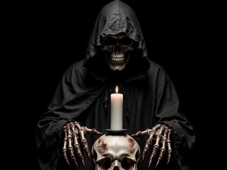 Happy Halloween holiday. Scary skeleton holding a skull and a candle, holiday concept, candle and skull. High qualityの素材