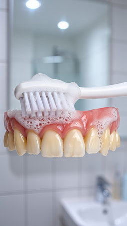 Brushing teeth with a toothbrush and toothpaste, Fresh breath, dental insurance, personal hygiene, brushing teeth in the morning, care from childhood, morning routine. High qualityの素材