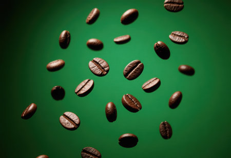 Freshly roasted coffee beans are captured in mid air, rich texture and deep brown color against warm background. This evokes sense of aroma and energy. High quality 4k footageの素材