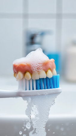 Brushing teeth with a toothbrush and toothpaste, Fresh breath, dental insurance, personal hygiene, brushing teeth in the morning, care from childhood, morning routine. High qualityの素材