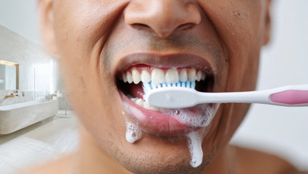 Brushing teeth with a toothbrush and toothpaste, Fresh breath, dental insurance, personal hygiene, brushing teeth in the morning, care from childhood, morning routine. High qualityの素材