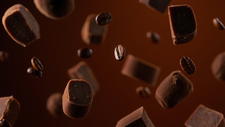Close up of a delicious milk chocolate bar surrounded by coffee beans on a dark blue background. Perfect for themes related to sweets, desserts. Delicious Milk Chocolate Bar. High quality photoの素材