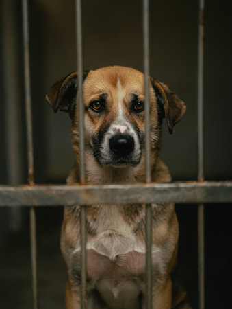 Dog behind bars, arrested dog, Shelter dogs, take a dog home, pets, shelter for dogs and cats, faithful friend for advertising, for banners. High qualityの素材