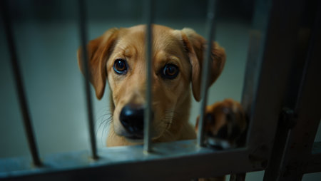 Dog behind bars, arrested dog, Shelter dogs, take a dog home, pets, shelter for dogs and cats, faithful friend for advertising, for banners. High qualityの素材