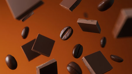 Close up of a delicious milk chocolate bar surrounded by coffee beans on a dark blue background. Perfect for themes related to sweets, desserts. Delicious Milk Chocolate Bar. High quality photoの素材
