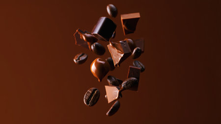 Close up of a delicious milk chocolate bar surrounded by coffee beans on a dark blue background. Perfect for themes related to sweets, desserts. Delicious Milk Chocolate Bar. High quality photoの素材