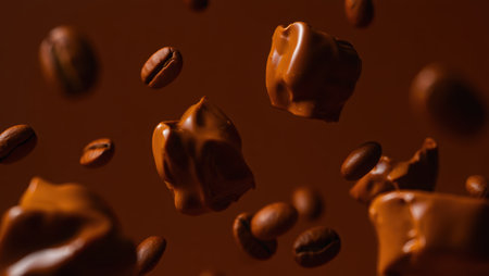 Close up of a delicious milk chocolate bar surrounded by coffee beans on a dark blue background. Perfect for themes related to sweets, desserts. Delicious Milk Chocolate Bar. High quality photoの素材