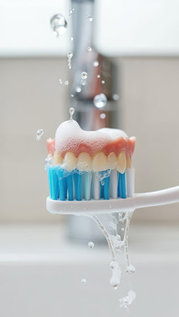 Brushing teeth with a toothbrush and toothpaste, Fresh breath, dental insurance, personal hygiene, brushing teeth in the morning, care from childhood, morning routine. High qualityの素材