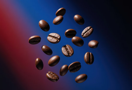 Freshly roasted coffee beans are captured in mid air, rich texture and deep brown color against warm background. This evokes sense of aroma and energy. High quality 4k footageの素材