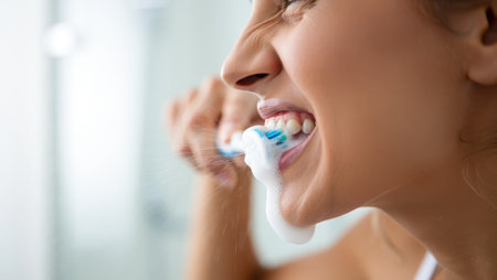 Brushing teeth with a toothbrush and toothpaste, Fresh breath, dental insurance, personal hygiene, brushing teeth in the morning, care from childhood, morning routine. High qualityの素材