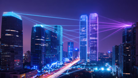 High-speed Internet in the city, Cellular antenna 5G technology, a new generation of cellular networks, AI connection, fiber-optic communication, new-generation antennas, 5G icon. High qualityの素材