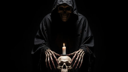 Happy Halloween holiday. Scary skeleton holding a skull and a candle, holiday concept, candle and skull. High qualityの素材