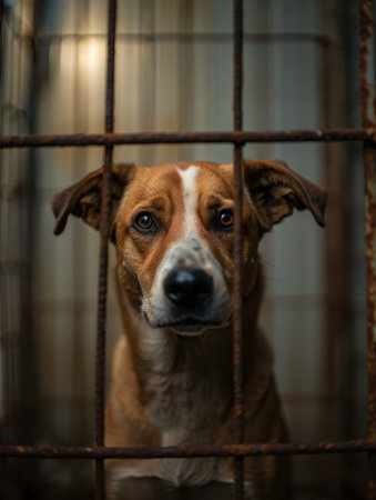 Dog behind bars, arrested dog, Shelter dogs, take a dog home, pets, shelter for dogs and cats, faithful friend for advertising, for banners. High qualityの素材