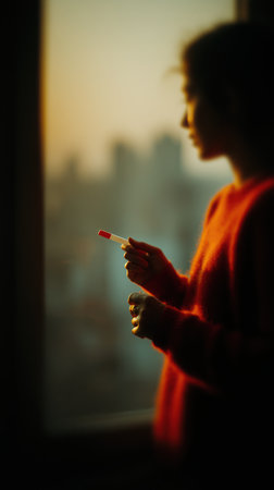A young girl holds a pregnancy test in her hands Pregnancy test. Announcing baby. Gender reveal. New addition to the family, conception test, good news for expectant parents. High qualityの素材