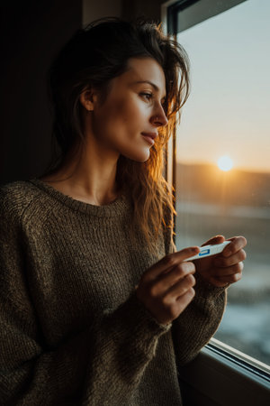 A young girl holds a pregnancy test in her hands Pregnancy test. Announcing baby. Gender reveal. New addition to the family, conception test, good news for expectant parents. High qualityの素材