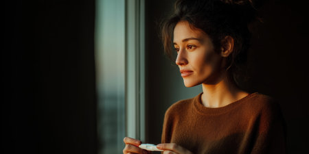 A young girl holds a pregnancy test in her hands Pregnancy test. Announcing baby. Gender reveal. New addition to the family, conception test, good news for expectant parents. High qualityの素材