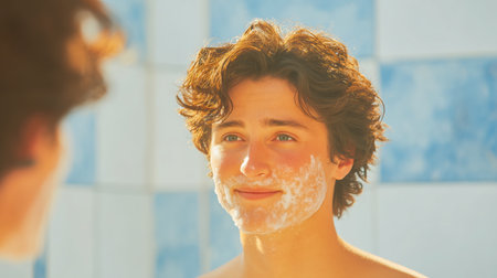 male shaving, aging skincare creme, morning routine rituals, Young man shaves near mirror in bathroom at home. High qualityの素材