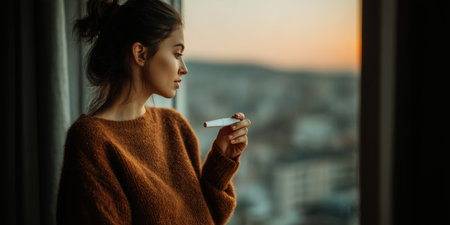 A young girl holds a pregnancy test in her hands Pregnancy test. Announcing baby. Gender reveal. New addition to the family, conception test, good news for expectant parents. High qualityの素材
