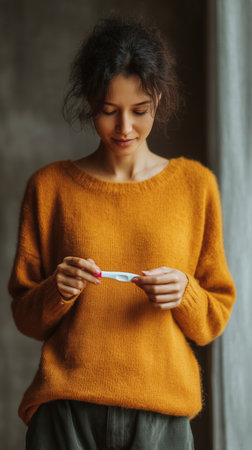 A young girl holds a pregnancy test in her hands Pregnancy test. Announcing baby. Gender reveal. New addition to the family, conception test, good news for expectant parents. High qualityの素材
