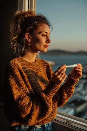 A young girl holds a pregnancy test in her hands Pregnancy test. Announcing baby. Gender reveal. New addition to the family, conception test, good news for expectant parents. High qualityの素材