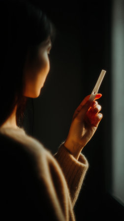 A young girl holds a pregnancy test in her hands Pregnancy test. Announcing baby. Gender reveal. New addition to the family, conception test, good news for expectant parents. High qualityの素材