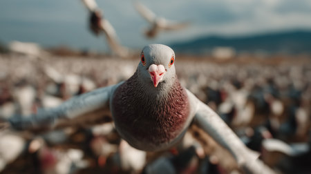 Close up view of A wild gray blue pigeon bird, Rock dove or rock pigeon, Carriers of infection, flying rats, dirty birds, pigeons in flight. High qualityの素材