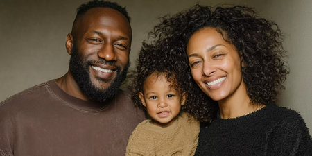 Happy family in the morning, mother father and child, family portrait, young couple and children. High qualityの素材